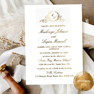 Real Gold Foil Chic Monogram Calligraphy Wedding Invitation