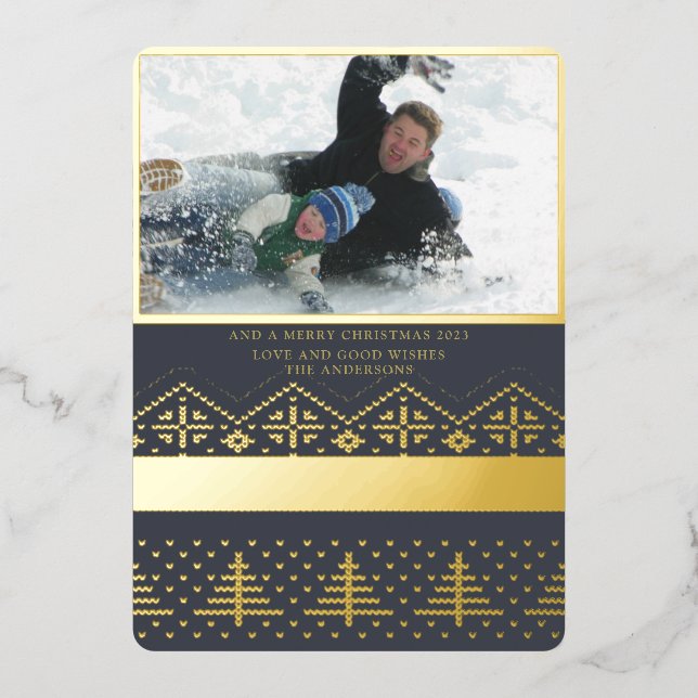 Real GOLD Foil Christmas Sweater Photo Foil Holiday Card (Front)