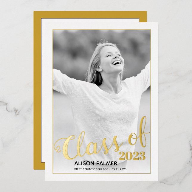Real gold foil Class of 2026 script photo Foil Invitation (Front/Back)
