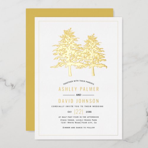 Real gold foil conifer trees winter wedding foil invitation