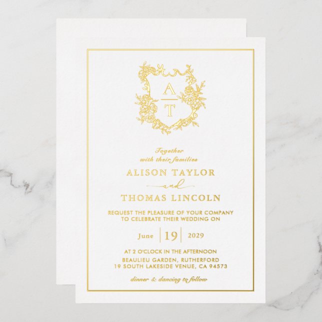 Real Gold Foil Crest Monogram Wedding Foil Invitation (Front/Back)