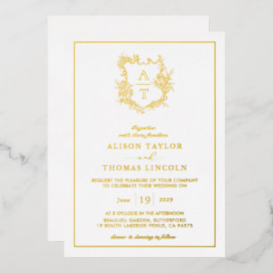 Real Gold Foil Crest Monogram Wedding Invitation