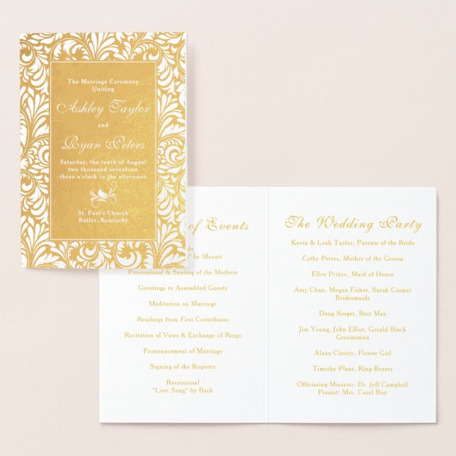 Real Gold Foil Damask Floral Wedding Program (Display)
