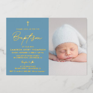 Real Gold Foil Dusty Blue Baby Boy Photo Baptism I Invitation