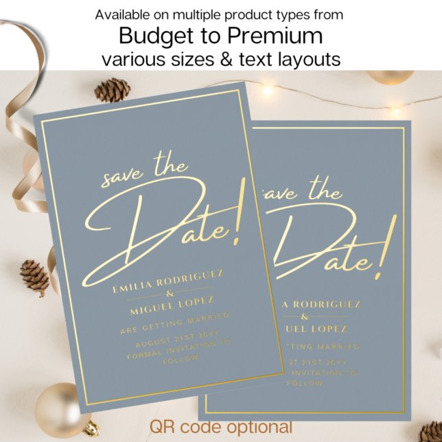 Real GOLD Foil Dusty Blue Save the Date Wedding Foil Invitation (Creator Uploaded)