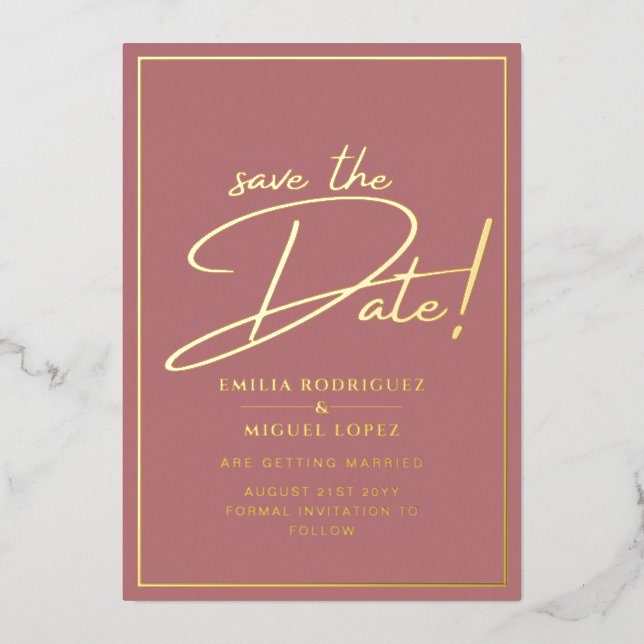 Real GOLD Foil Dusty Rose Save the Date Wedding Invitation (Front)
