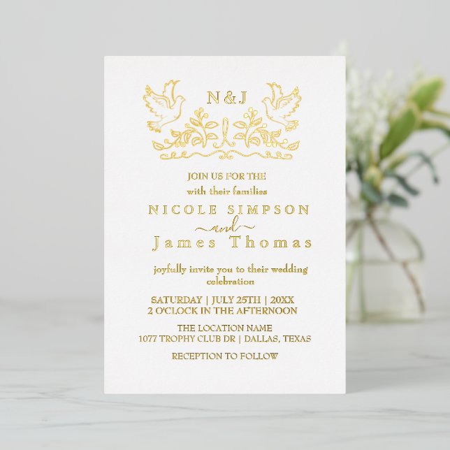 Real Gold Foil Elegant Birds Wreath Monogram  Foil Invitation (Standing Front)