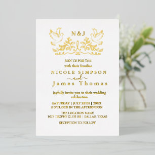 Real Gold Foil Elegant Birds Wreath Monogram  Invitation