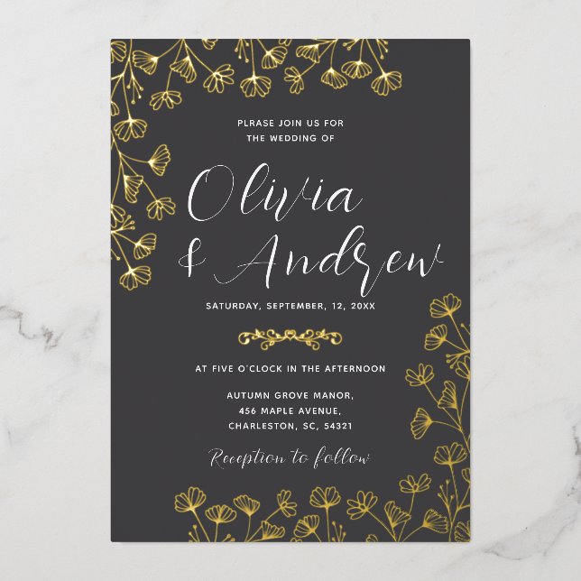 Real Gold Foil Elegant Black Wedding Invitation (Front)