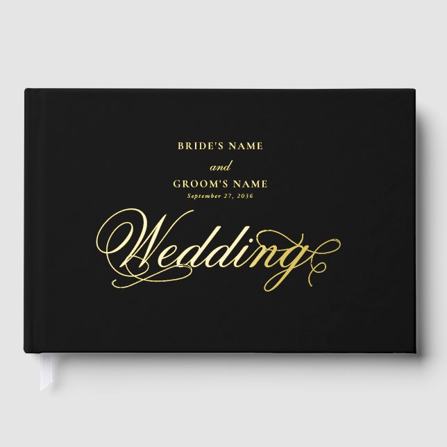 Real Gold Foil Elegant Classy Luxury Black Wedding Foil Guest Book (Front)