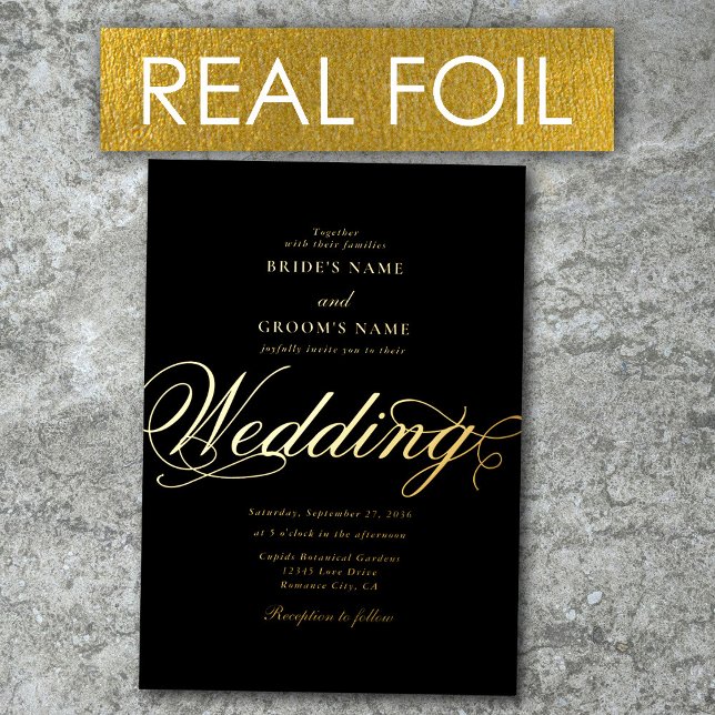 Real Gold Foil Elegant Classy Luxury Black Wedding Invitation (Real Gold Foil Elegant Classy Luxury Black Gold Foil Invitation)
