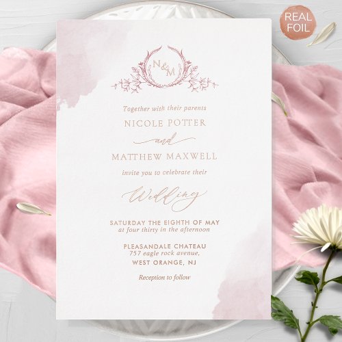 Real Gold Foil Elegant Dusty Rose Monogram Wedding Foil Invitation