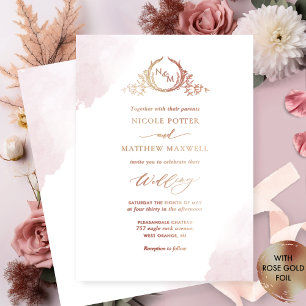 Real Gold Foil Elegant Dusty Rose Monogram Wedding Invitation