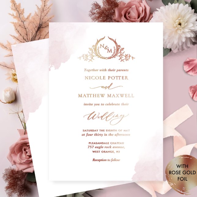 Real Gold Foil Elegant Dusty Rose Monogram Wedding Invitation (Creator Uploaded)