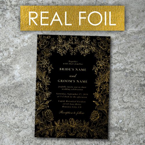 Real Gold Foil Elegant Floral Black Gold Wedding Foil Invitation