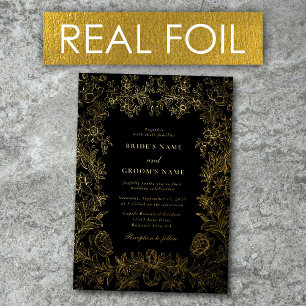 Real Gold Foil Elegant Floral Black Gold Wedding Invitation