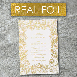 Real Gold Foil Elegant Floral Botanical Wedding Invitation