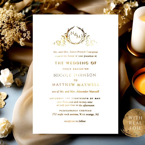 Real Gold Foil Elegant Formal Monogram Wedding Foil Invitation