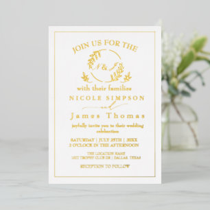 Real Gold Foil Elegant Leaves Wreath Monogram   Foil Invitation