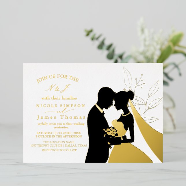 Real Gold Foil Elegant Leaves Wreath Monogram   Foil Invitation (Standing Front)