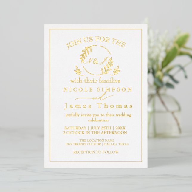 Real Gold Foil Elegant Leaves Wreath Monogram   Invitation (Standing Front)