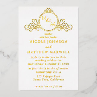 Real Gold Foil Elegant Love Monogram Wedding Invitation