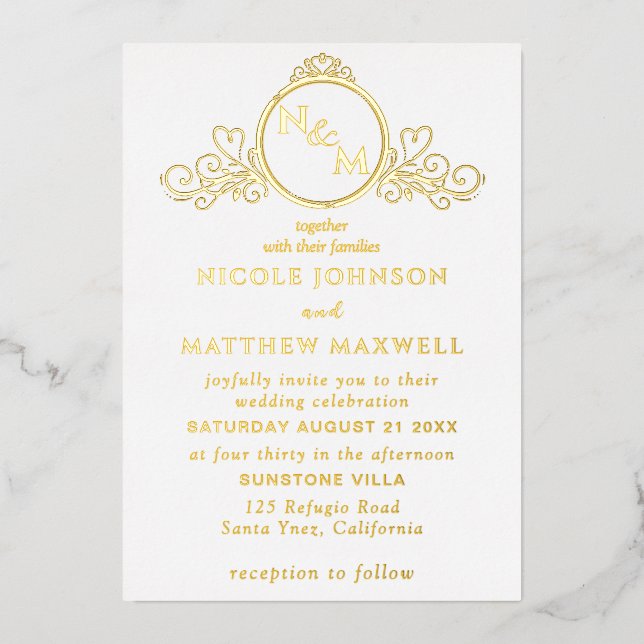 Real Gold Foil Elegant Love Monogram Wedding Invitation (Front)