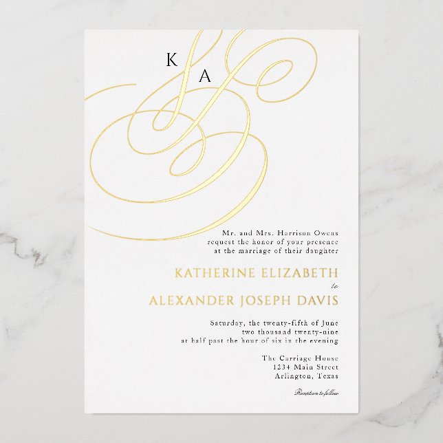 Real Gold Foil Elegant Monogram Wedding  Foil Invitation (Front)
