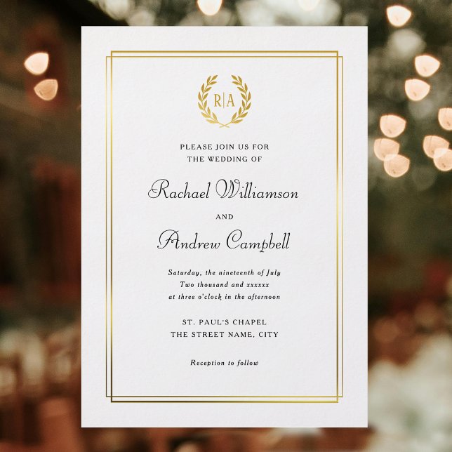 Real Gold Foil Elegant Monogram Wedding Wreath Invitation (Creator Uploaded)