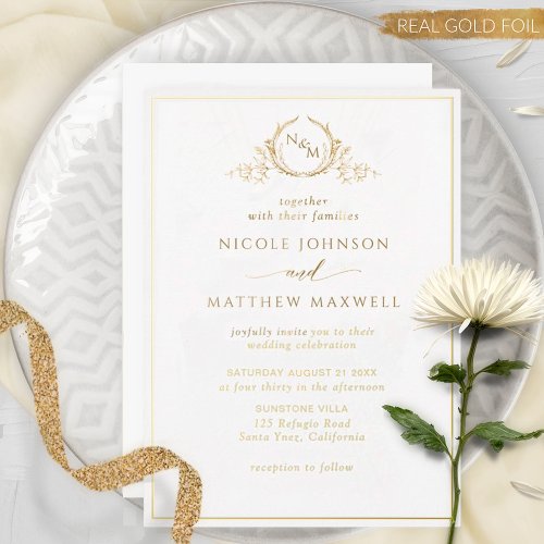 Real Gold Foil Elegant Monogram Wreath Wedding Foil Invitation