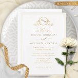 Real Gold Foil Elegant Monogram Wreath Wedding Invitation<br><div class="desc">Upgraded Elegant Monogram invitation in real gold foil. Clean and simple design full of elegance and grace with delicate ornate hand drawn monogram showcasing couple's initials. Luxurious, design in white and real gold foil, printed on Premium White Paper Stock -a smooth, white paper with a luxurious satin finish- made from...</div>
