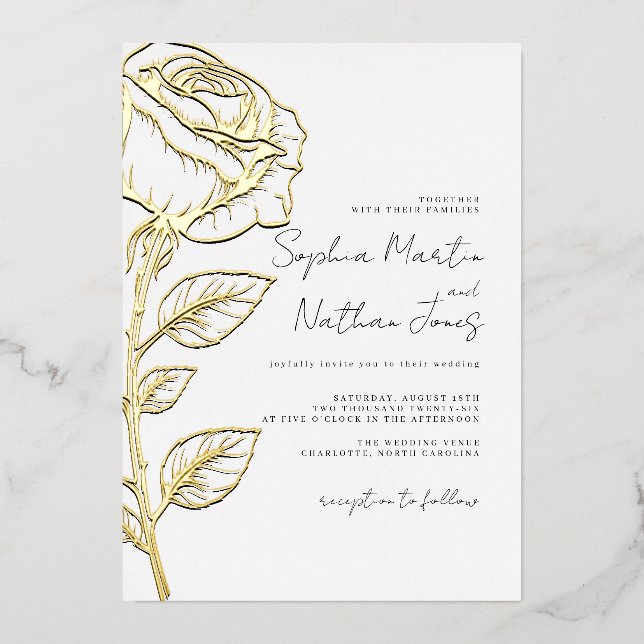 Real Gold Foil Elegant Rose Wedding  Invitation (Front)