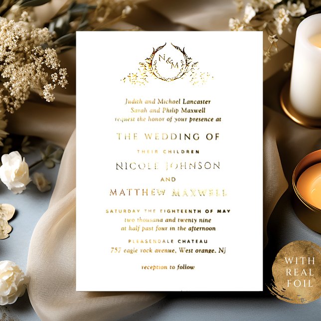Real Gold Foil Elegant w/ Parents Monogram Wedding Invitation (Creator Uploaded)