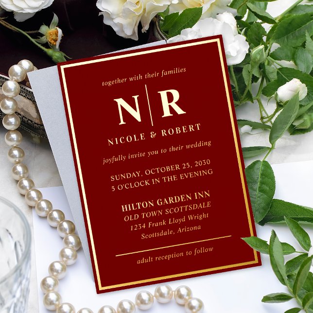 Real Gold Foil Elegant Wedding Monogram Modern Foil Invitation (Creator Uploaded)