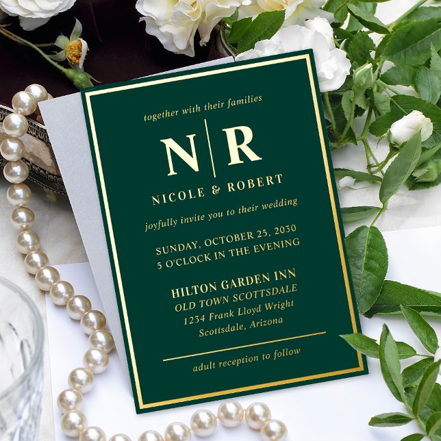 Real Gold Foil Elegant Wedding Monogram Modern Foil Invitation (Creator Uploaded)