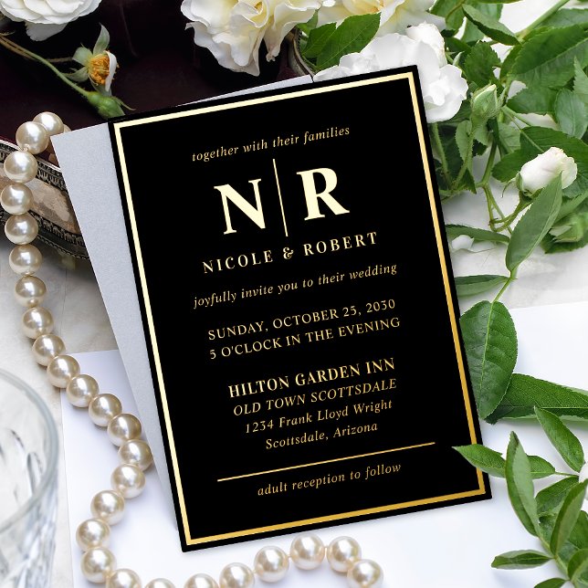 Real Gold Foil Elegant Wedding Monogram Modern Foil Invitation (Creator Uploaded)