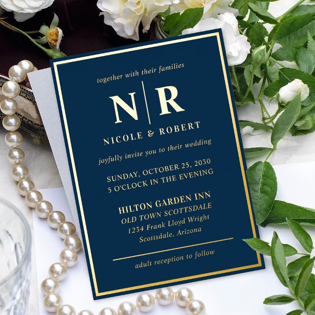 Real Gold Foil Elegant Wedding Monogram Modern Invitation (Creator Uploaded)