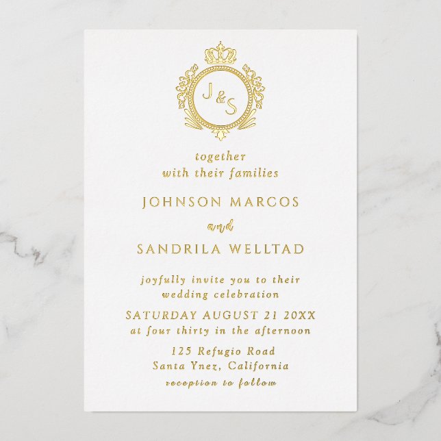 Real Gold Foil Elegant Wreath Monogram Wedding Foi Foil Invitation (Front)