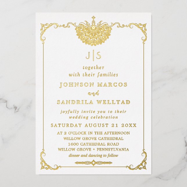 Real Gold Foil Elegant Wreath Monogram Wedding Foi Foil Invitation (Front)
