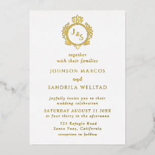 Real Gold Foil Elegant Wreath Monogram Wedding Foi Invitation