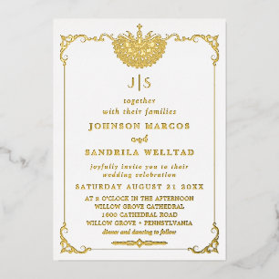 Real Gold Foil Elegant Wreath Monogram Wedding Foi Invitation