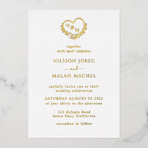 Real Gold Foil Elegant Wreath Monogram Wedding  Foil Invitation