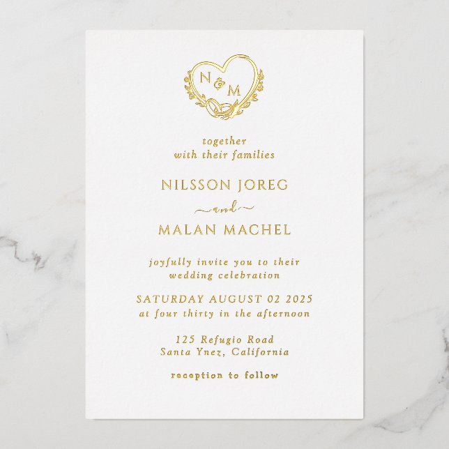 Real Gold Foil Elegant Wreath Monogram Wedding  Foil Invitation (Front)