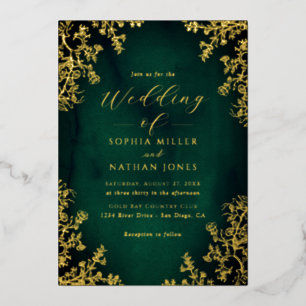 Real Gold Foil Emerald Floral Lace Script Wedding  Invitation