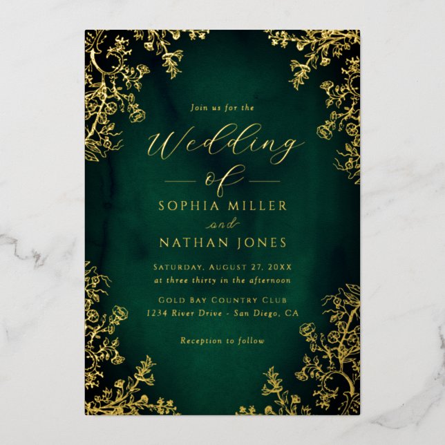 Real Gold Foil Emerald Floral Lace Script Wedding  Invitation (Front)