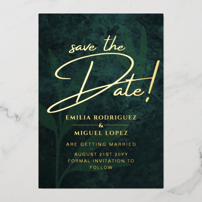 Real GOLD FOIL Emerald Green Save the Date Wedding Invitation (Front)