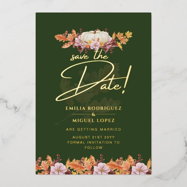 Real GOLD FOIL Fall Pumpkin Save Date Wedding Foil Invitation (Front)