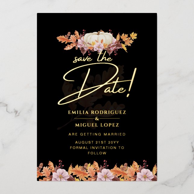 Real GOLD FOIL Fall Pumpkin Save Date Wedding Invitation (Front)