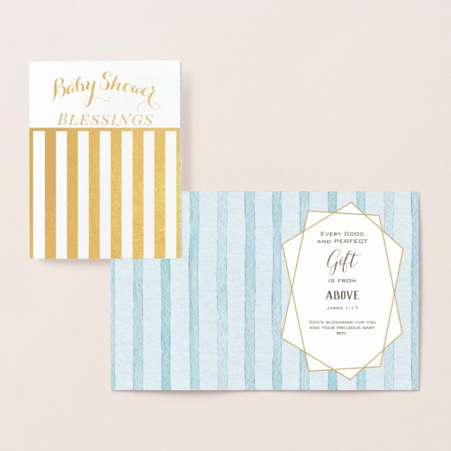 Real Gold Foil Floral Baby Boy Shower Blessings Foil Card (Display)