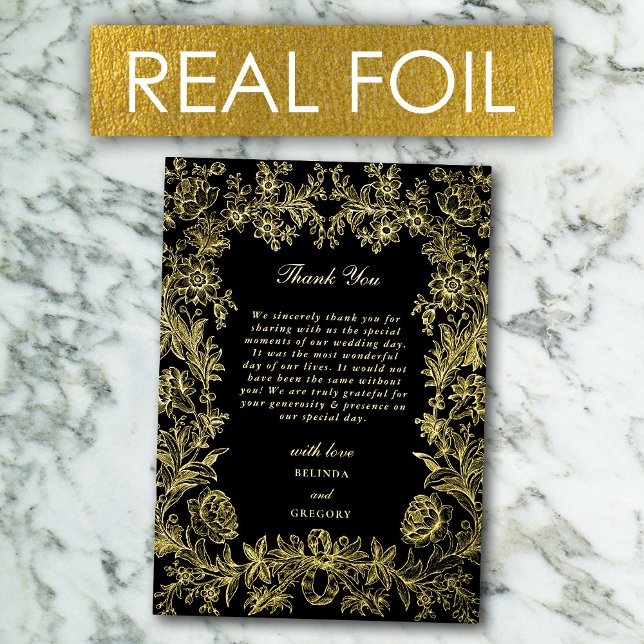 Real Gold Foil Floral Black Wedding Thank You Foil Invitation (Real Gold Foil Floral Black Wedding Thank You Foil Invitation)